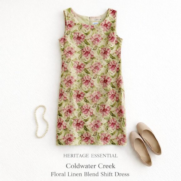 Coldwater Creek Dresses & Skirts - Coldwater Creek Floral Linen Blend Beaded Sleeveless Shift Dress Petite 10